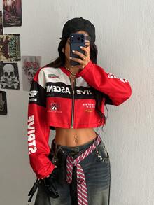 SHEIN HypeZone 街头风女式赛车风格字母印花短款长袖夹克 - 紅色 - 查看 6