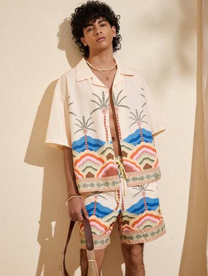 Felipe Marques بدلة قميص وشورت مطبوع بأشجار النخيل الهاواي للرجال، للعطلات الصيفية