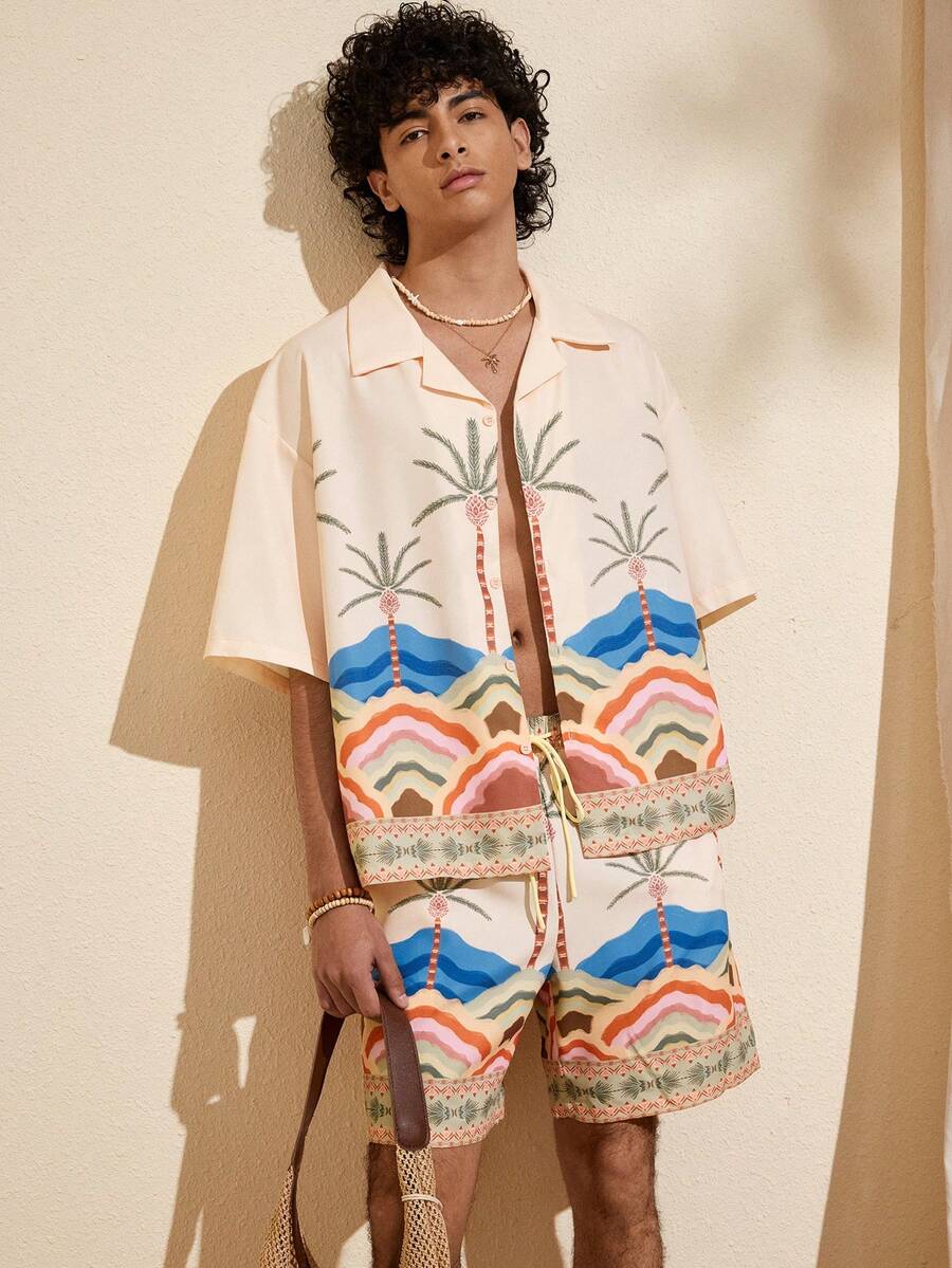 Felipe Marques 男士夏威夷棕榈树印花衬衫短裤套装，夏季度假 - 彩色 - 查看 1