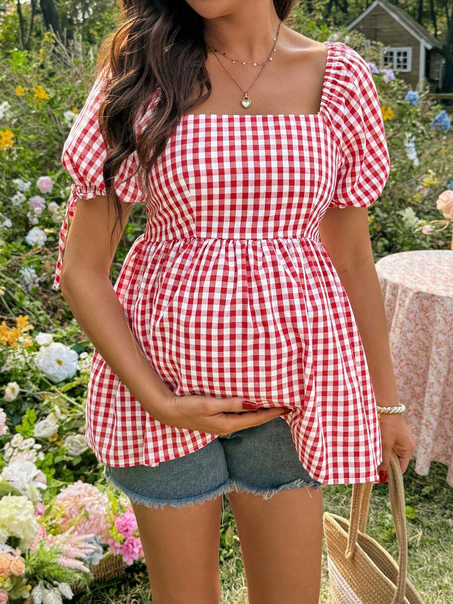 SHEIN Pregnant Women's Plaid Ruched Casual Versatile Daily Wear Petal Sleeve Shirt - Red - View 1