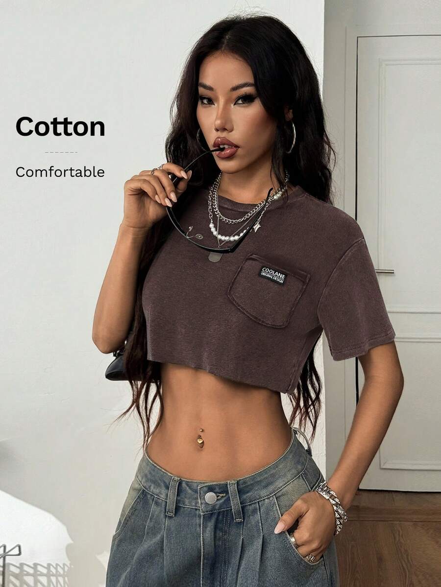Coolane Summer Outfits For Women Streetwear Casual Vintage Going Out Y2K Festival Dirty Round Neck Short T-Shirt, Brown Crop Top, Cropped Tees, Cotton Tops,Casual Outfit For Women, Shirts For Woman Crop,Summer Top - Brown - View 1