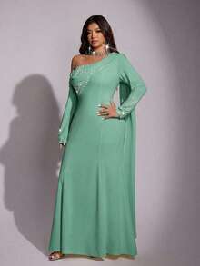 Viva Relle Abito da donna elegante e glamour con mantella in chiffon con decorazioni di strass sulla spalla obliqua, stile sirena, adatto per il Capodanno e San Valentino, taglie comode - Verde - Visualizzare 6