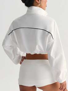 Dewbera Áo khoác nỉ nữ dáng rộng có khóa kéo, thích hợp cho mùa thu/đông, thiết kế phối màu trắng, tay dài, có dây rút ở gấu áo, phù hợp cho mặc thường ngày, chạy bộ, yoga, tập gym, tennis, golf. - trắng - Xem 2