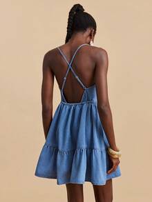 Travachic 女士时尚系带荷叶边下摆牛仔吊带裙 - 淺色水洗藍 - 查看 2