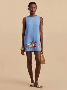 Travachic 女士碎花圆领无袖休闲宽松牛仔连衣裙 - 淺色水洗藍 - 查看 2