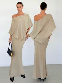 Siren Gaze Women's Elegant Minimalist Open Shoulder Top And Fish Tail Hem Skirt Set, Summer - Apricot - View 1