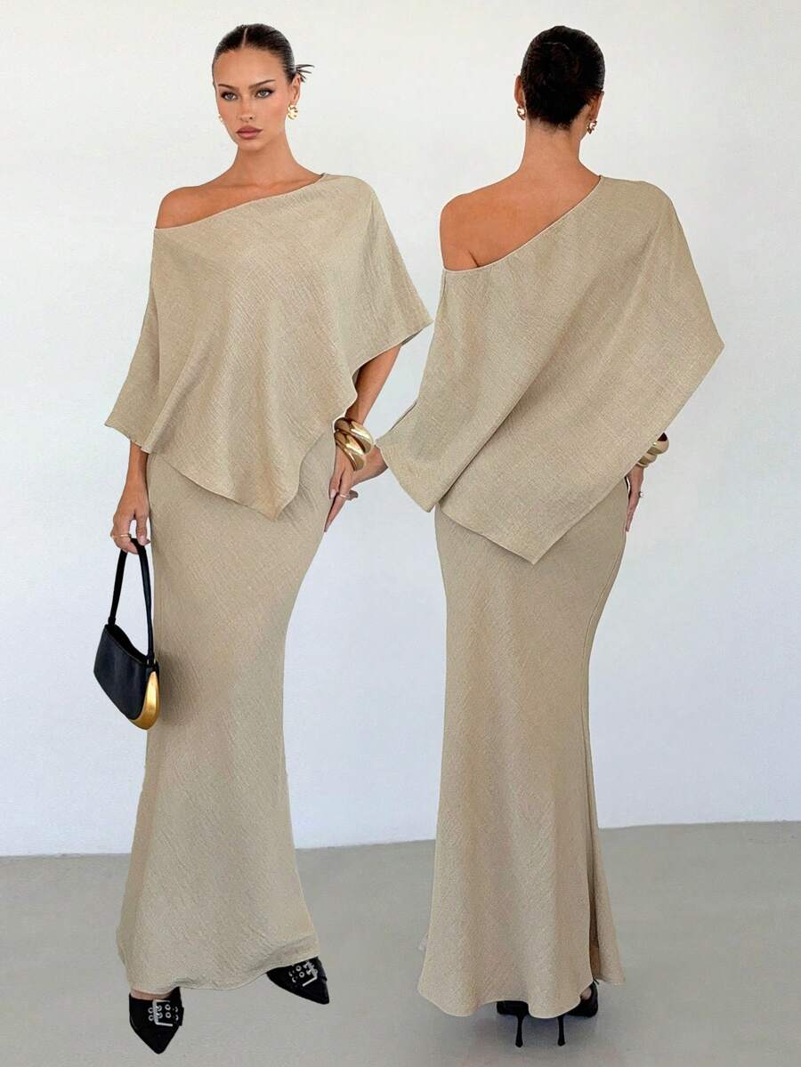 Siren Gaze Women's Elegant Minimalist Open Shoulder Top And Fish Tail Hem Skirt Set, Summer - Apricot - View 1