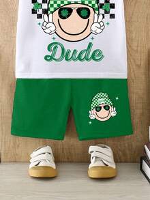 SHEIN GraphicGems Spring And Summer Toddler Boys Casual Fashion Creative Personalized Fresh Cute Kawaii Cartoon Face Green Plaid Hat, Clover, Star, Four-Leaf Clover Pattern Letter Slogan Print Casual Basic Short T-Shirt And Shorts Set, Comfortable Daily Wear Cozy Summer Styles Suitable For Spring And Summer Baby Boy Outfits - Multicolor - View 9