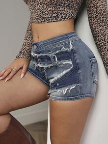 SHEIN PETITE 女士毛边纽扣设计修身牛仔短裤 - 藍色 - 查看 4