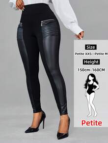 SHEIN Lady Petite Lady Petite Zip Detail Wideband Waist PU Leather Leggings - Black - View 1
