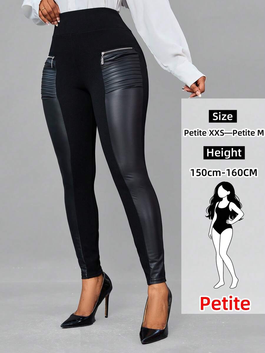 SHEIN Lady Petite Lady Petite Zip Detail Wideband Waist PU Leather Leggings - Black - View 1