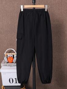 男童休闲印花宽松工装裤，带口袋，适合通勤、上学、日常休闲、旅行、运动，春、夏、秋、冬皆宜，黑色工装裤 - 黑色 - 查看 4