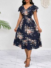 SHEIN Lady Petite Vestido midi con estampado floral, volantes, pliegues en el bajo, cinturón - Vestido casual elegante para fiestas, eventos, oficina, vacaciones, té, verano para mujer - Azul y blanco - Ver 2