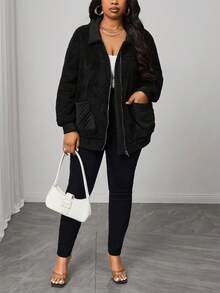 Truni Talla grande Abrigo teddy con doble bolsillo de hombros caídos cremallera - Negro - Ver 6