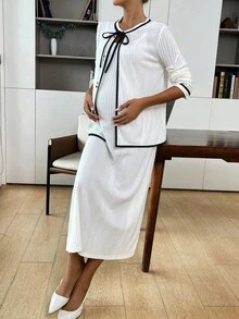 SHEIN Áo dài tay và quần dài giản dị cho bà bầu màu trắng và đen, trang phục hai mảnh - trắng - Xem 8