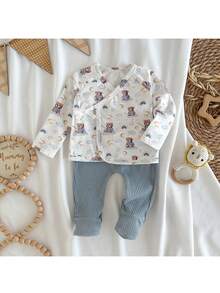 Loomiva Newborn Baby Boy/Girl Cartoon Bear Pattern Knit Soft Crew Neck Long Sleeve Top And Elastic Waist Long Pants 2-Piece Set - Blue - View 8