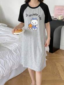 青少年女孩春夏休閒家居服 灰色與黑色拼接可愛貓咪卡通印花短袖睡裙 童裝 - 淺灰色 - 查看 8