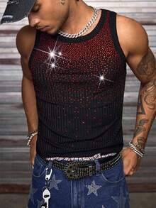 AXEPEAK Camiseta de tirantes ajustada con cuello redondo y adornos de diamante de imitación para hombre - Negro - Ver 4