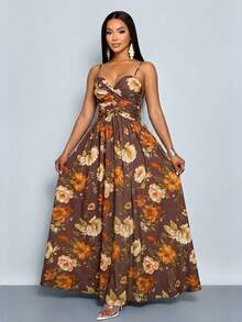 SOLERSUN Women's Tropical Print Deep V Twist Front Spaghetti Strap Maxi Dress, Suitable For Summer Vacation, Beach Getaways, Cafe Hopping, Weekend Dates, Girls' Brunch - Brown - View 5