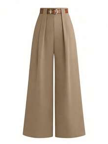 SHEIN Tall CURVE Quần ống đứng xếp ly tối giản dành cho nữ, cỡ lớn (TALL), thích hợp đi làm. - Màu Khaki - Xem 5