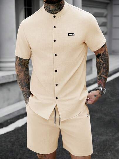 Manfinity CasualCool Men's Solid Mandarin Collar Short Sleeve Shirt Top And Pocket Shorts Casual Daily Suit