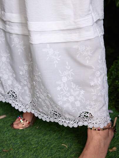 Lacomfia Women's French Casual Loose Lace Embroidery Patchwork White Skirt