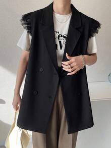 FRIFUL Women's Solid Black Sheer Mesh Patchwork Loose Casual Versatile Blazer Jacket - Black - View 6