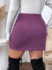 Vionelle Plus Size Elegant Dark Purple Autumn Everyday Commuter Solid Wrap Asymmetric Hem Fashionable Skirt - Red Violet - View 2