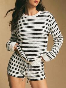 Poéselle Women's Striped Round Neck Drop Shoulder Long Sleeve T-Shirt And Shorts Casual 2-Piece Set - White - View 6