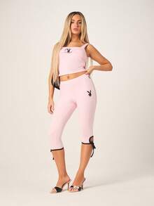 Missguided x Playboy Fitted Capri Length Leggings With Ankle Tie Detail Cropped High Rise Stretchy Pants - Pink - View 4