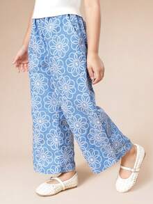 SUMWON Girls Short Sleeve White T-Shirt And Wide Leg Blue Floral Print Palazzo Pants Two Piece Summer Co-Ord Set - Blue - View 4