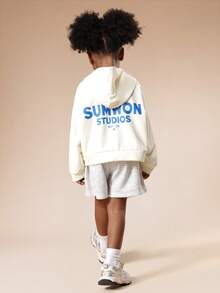 SUMWON Kids Zip Up Hoodie And Sweat Shorts Co-Ord Set Blue Star Logo Casual Comfortable Winter Fall Spring Everyday Wear Girls Tracksuit Outfit Vacation - White - View 1
