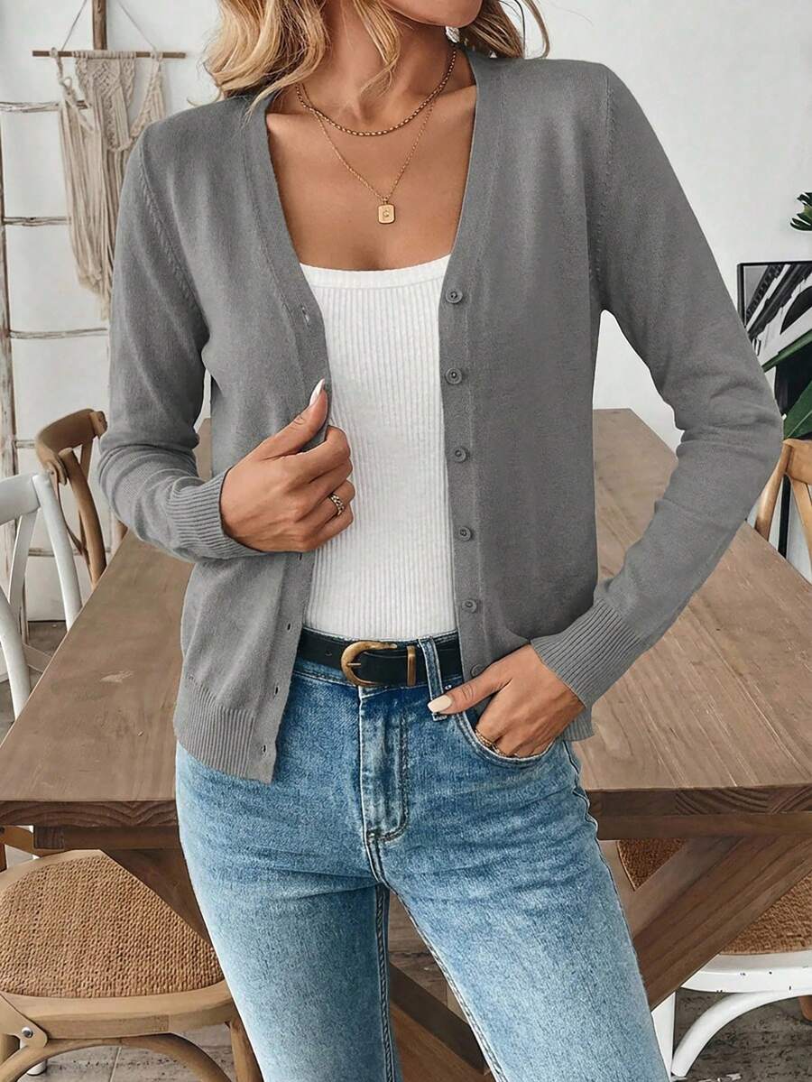 Áo khoác cardigan cài nút màu trơn thường ngày cho nữ, mùa thu - Xám - Xem 1