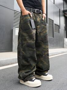 Manfinity Hypemode 男士休闲多口袋迷彩牛仔工装裤，街头时尚 - 軍綠色 - 查看 7