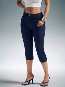 Denimoi High Stretch Knit Denim Capri Pants Fashionable Capri Jeans - Dark Wash - View 1