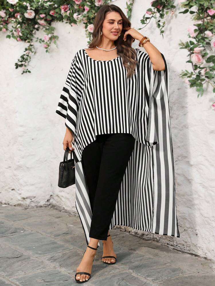 2pc Set Plus Size Women's Summer Casual Vacation  Elegant Striped Loose Fit  Front Short Back Long Shirt And 3/4 Pants Two Pieces Set With Pockets, Spring/Summer\Summer\Vacation,Summer Holiday,Spring Break Outfits ,Vacation Outfits Women ,Holiday Outfits For Women,Going Out Outfits,2026 New Clothes,Simple And Fashionable For Everyday Wear,Suitable For Summer, Vacation, Commute, Daily Wear, Summer Outfits