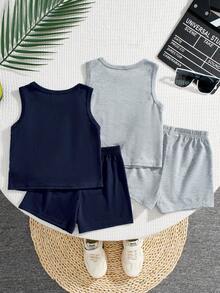 4 pièces Ensemble débardeur et short imprimé ours et lettres pour bébé garçon, 2 pièces - Multicolore - Voir 2