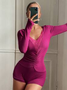 DAZY Charming Lace Patchwork Knitted Ruched Design Short Women Pajama Jumpsuit - Purple - View 4