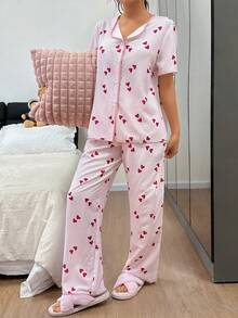 Napfluff 女士休闲撞色领条纹爱心印花短袖睡衣套装 - 粉色 - 查看 6