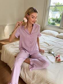SHEIN Women's Romantic Ruffled Collar Loose Pajama Set - Purple - View 4
