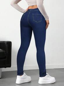 SHEIN Tall Tall Women's Stretch Washed Denim Skinny Jeans - Royal Blue - View 2