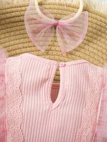 SHEIN Newborn Baby Girl Cute Summer Casual Knit Contrast Mesh Pink Cartoon Pattern Romper With Headband - Multicolor - View 3