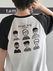 SHEIN Little Byeori 1pc Young Boy White Knitted Graffiti Portrait Pattern Casual Summer Tops,Suitable For School,Commuting,Daily Wear,Sports,Spring And Summer Style - Black and White - View 4