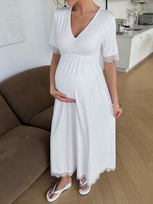 SHEIN Maternity Casual V-Neck Lace Patchwork Dress - White - View 7