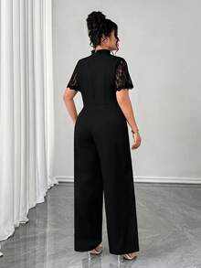 Elenzga 大码女士优雅蕾丝拼接V领短袖黑色连体裤，适合春季、情人节、新年穿着，适合曲线身材，黑色连体裤，大码女士连体裤，蕾丝连体裤 - 黑色 - 查看 2