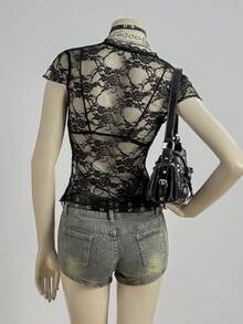 EgrlEra Women's Sexy Lace Lace-Up Design Fitted Blouse - Black - View 2