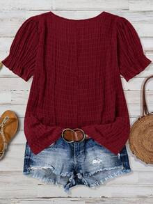 SHEIN VCAY Plus Size Plain Simple Short Sleeve Shirt - Red - View 2