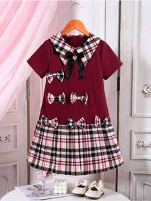 1pc Young Girl's Pleated Dress,Burgundy Summer Princess Plaid Patchwork Outfit With 3D Bow,7th Birthday Back-To-School Short Sleeve Casual Clothes - Burgundy - View 8