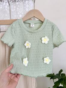 SHEIN LMoss Kids 女童法式优雅3D立体花卉圆领短袖T恤和阔腿裤套装 - 彩色 - 查看 3