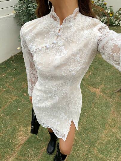 EastFlair 女士优雅蕾丝中式纽扣装饰连衣裙